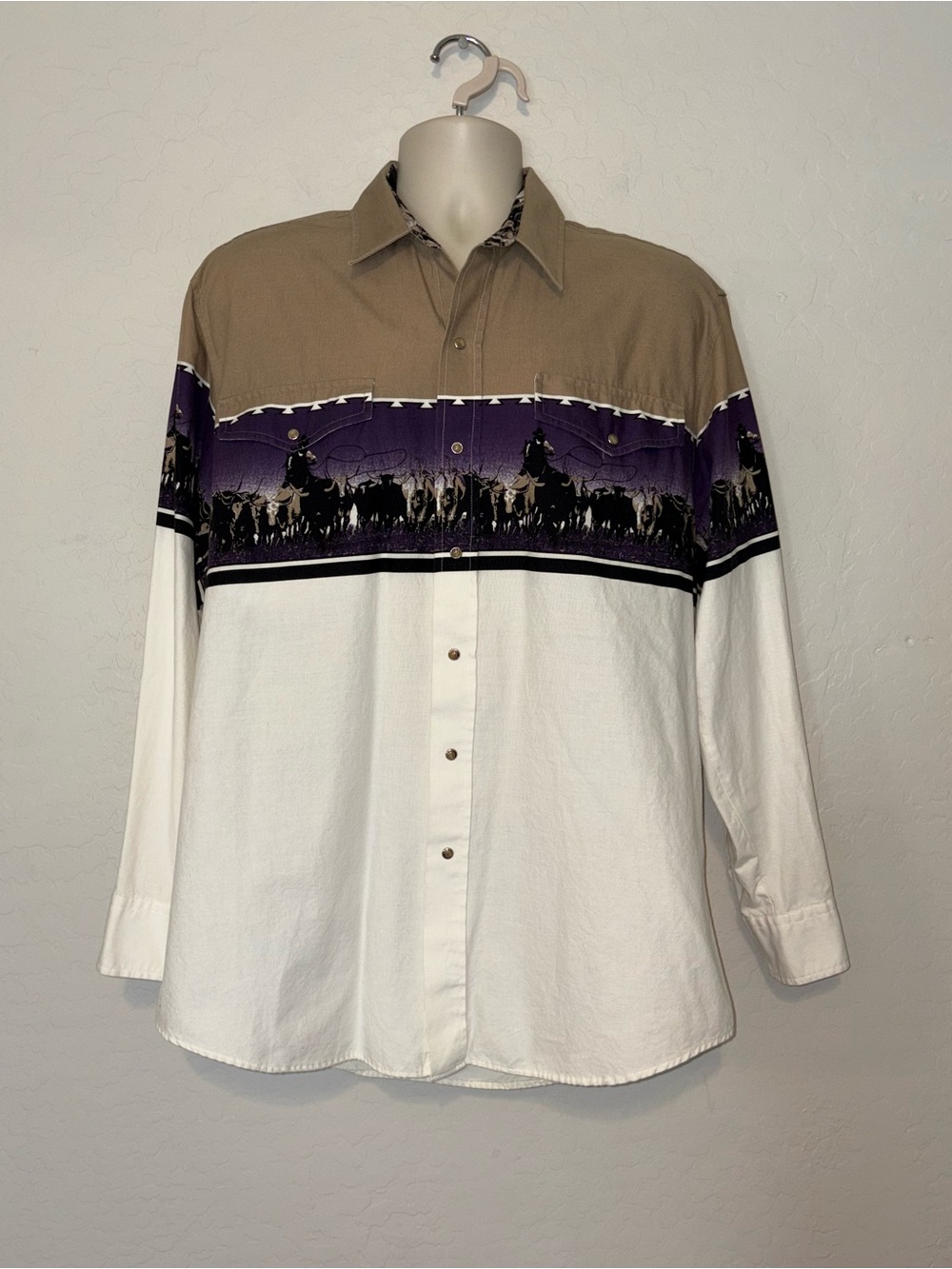90s Roper Western Pearl Snap Shirt Mens Large Cowboys Horses Rodeo Cattle VTG